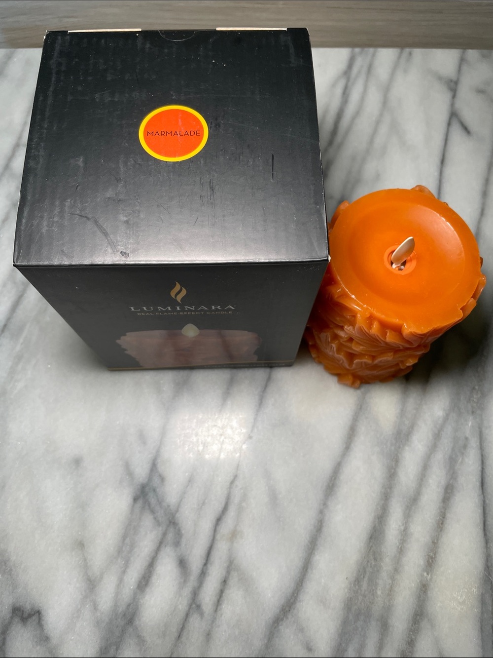 NIB- Luminara Embossed Real Wax Flameless LED Pillar Candle, Leaves, Orange - Picture 9 of 10